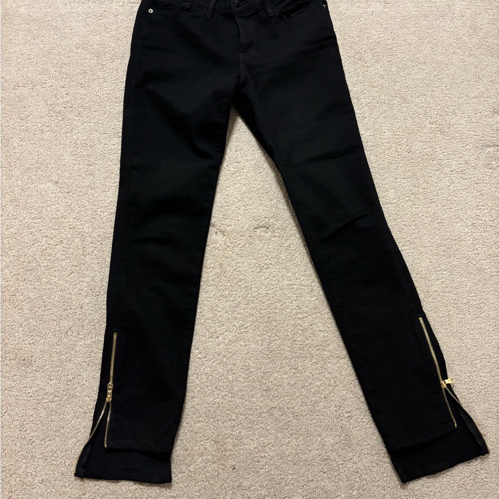 Frame Denim Black Jeans with Gold Zipper Accents